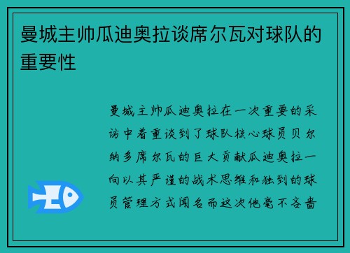 曼城主帅瓜迪奥拉谈席尔瓦对球队的重要性